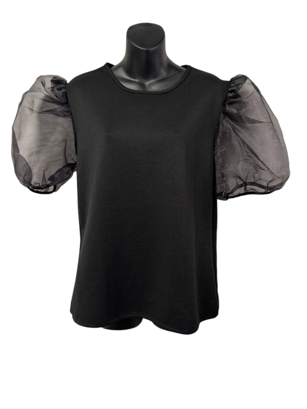 Kaktus Womens Black Crew Neck Puff Short Sleeve Knit Pullover Blouse Size L